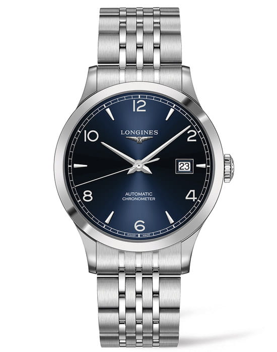 Longines Longines Record Collection L2.821.4.96.6  L28214966 механические мужские часы синий циферблат, браслет нержавеющая сталь — вид спереди